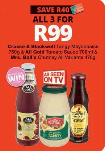 Crosse & Blackwell Tangy Mayonnaise/All Gold Tomato Sauce/Mrs Ball's Chutney