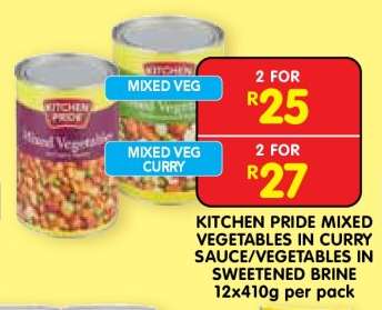 KITCHEN PRIDE MIXED VEGETABLES IN CURRY SAUCE/VEGETABLES IN SWEETENED BRINE