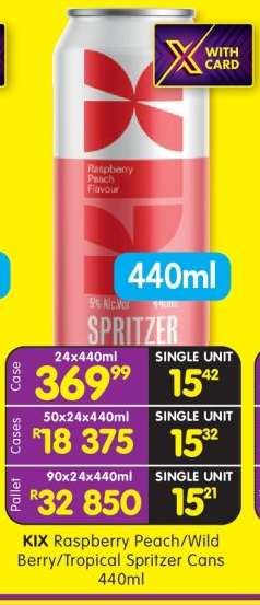 KIX Raspberry Peach/Wild Berry/Tropical Spritzer Cans 440ml