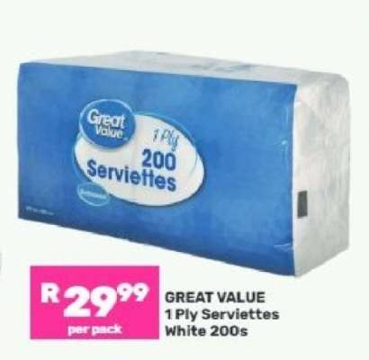 GREAT VALUE 1 Ply Serviettes White 200s