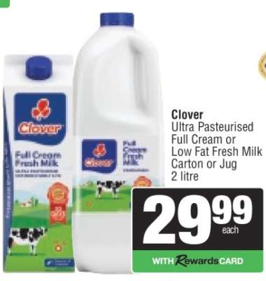 Clover Ultra Pasteurised Full Cream or Low Fat Fresh Milk