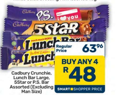 Cadbury Crunchie, Lunch Bar Large, 5Star or P.S. Bar Assorted