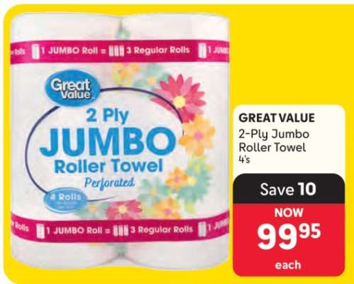 GREAT VALUE 2-Ply Jumbo Roller Towel 4's