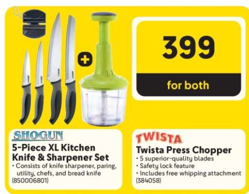 5-Piece XL Kitchen Knife & Sharpener Set + Twista Press Chopper