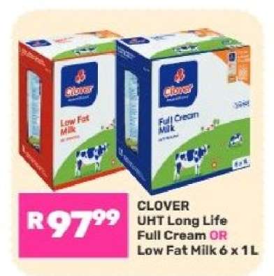 CLOVER UHT Long Life Full Cream OR Low Fat Milk 6 x 1 L