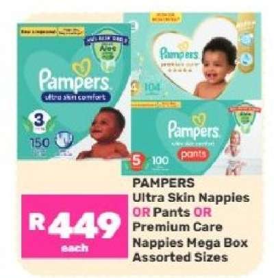 Pampers Ultra Skin Nappies OR Pants OR Premium Care Nappies Mega Box Assorted Sizes