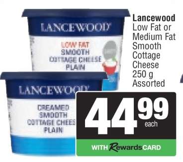Lancewood Low Fat or Medium Fat Smooth Cottage Cheese