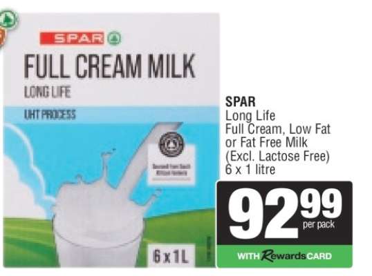 SPAR Long Life Full Cream, Low Fat or Fat Free Milk
