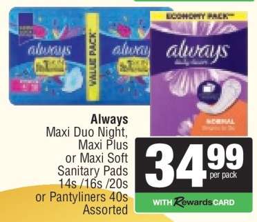 Always Maxi Duo Night, Maxi Plus or Maxi Soft Sanitary Pads