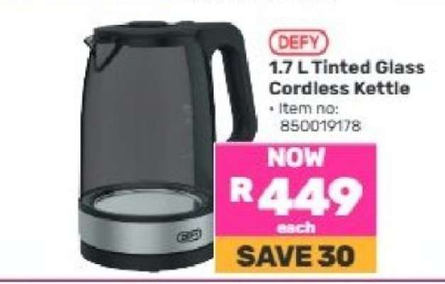 DEFY 1.7 L Tinted Glass Cordless Kettle