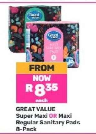 GREAT VALUE Super Maxi OR Maxi Regular Sanitary Pads 8-Pack
