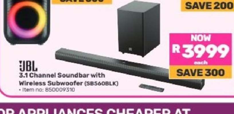 JBL 3.1 Channel Soundbar with Wireless Subwoofer (SB560BLK)