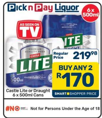 Castle Lite or Draught 6 x 500ml Cans