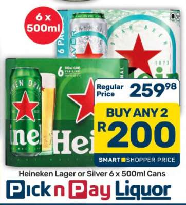 Heineken Lager or Silver 6 x 500ml Cans