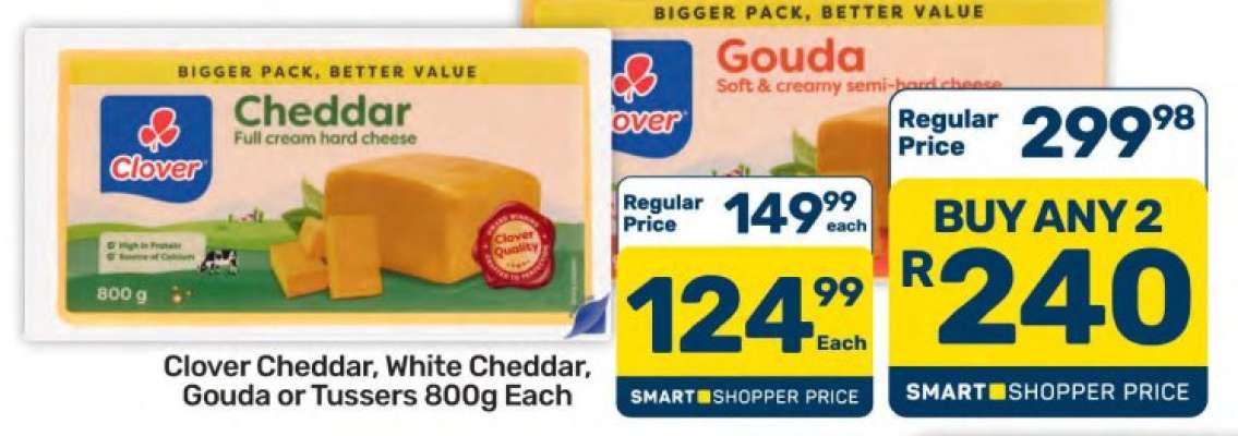 Clover Cheddar, White Cheddar, Gouda or Tussers 800g Each