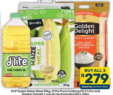 PnP Super Maize Meal 10kg, D'lite Pure Cooking Oil 2 Litre and Golden Delight Long Grain Parboiled Rice 10kg