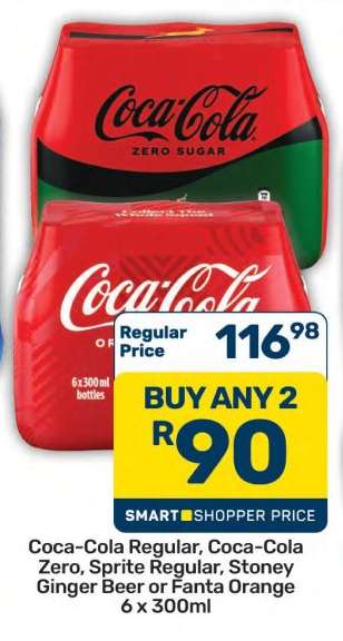 Coca-Cola Regular, Coca-Cola Zero, Sprite Regular, Stoney Ginger Beer or Fanta Orange