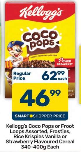 Kellogg’s Coco Pops or Froot Loops Assorted, Frosties, Rice Krispies Vanilla or Strawberry Flavoured Cereal