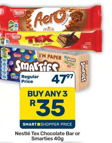 Nestlé Tex Chocolate Bar or Smarties 40g