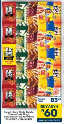 Jumpin Jack, Diddle Daddle, Cheese Curls, Flings, Cheasnaks or Big Korn Bites