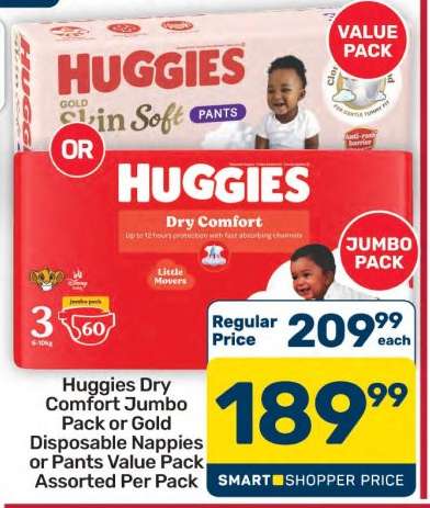 Huggies Dry Comfort Jumbo Pack or Gold Disposable Nappies or Pants Value Pack