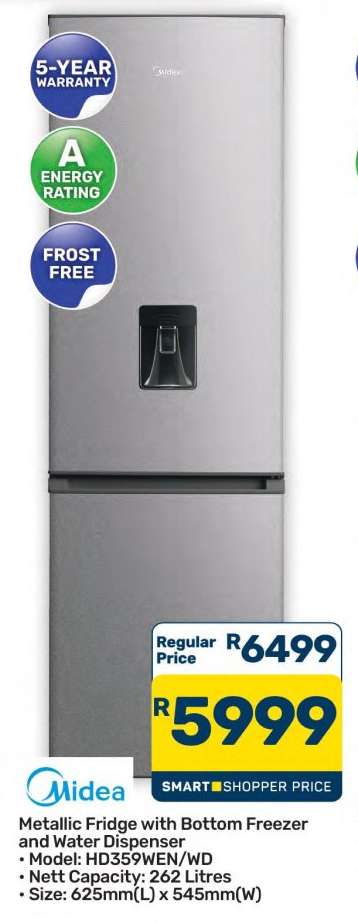 Midea Metallic Fridge with Bottom Freezer and Water Dispenser
