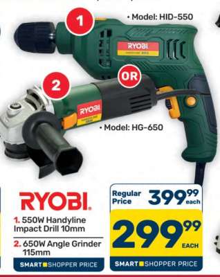 RYOBI 550W Handlyine Impact Drill 10mm or 650W Angle Grinder 115mm