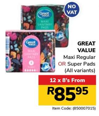GREAT VALUE Maxi Regular OR Super Pads