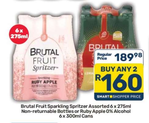 Brutal Fruit Sparkling Spritzer Assorted 6 x 275ml Non-returnable Bottles or Ruby Apple 0% Alcohol 6 x 300ml Cans