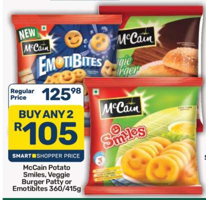 McCain Potato Smiles, Veggie Burger Patty or Emotibites 360/415g