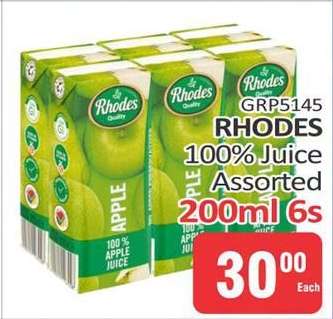 RHODES 100% Juice Assorted 200ml 6s