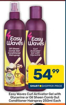 Easy Waves Curl Activator Gel with Glycerine or Oil Sheen Comb Out Conditioner Hairspray 250ml Each