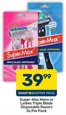 Super-Max Mens or Ladies Triple Blade Disposable Razors 5s Per Pack