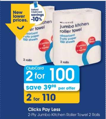Clicks Pay Less 2-Ply Jumbo Kitchen Roller Towel 2 Rolls