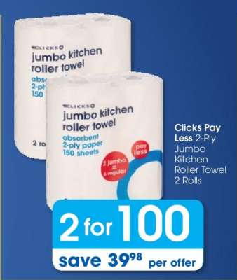 Clicks Pay Less 2-Ply Jumbo Kitchen Roller Towel 2 Rolls