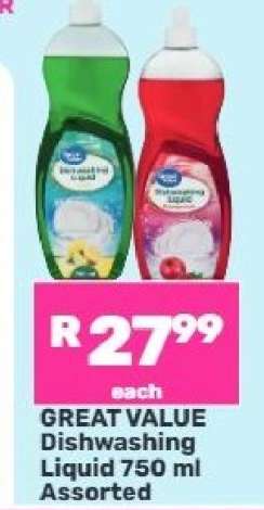 Great Value Dishwashing Liquid 750 ml Assorted
