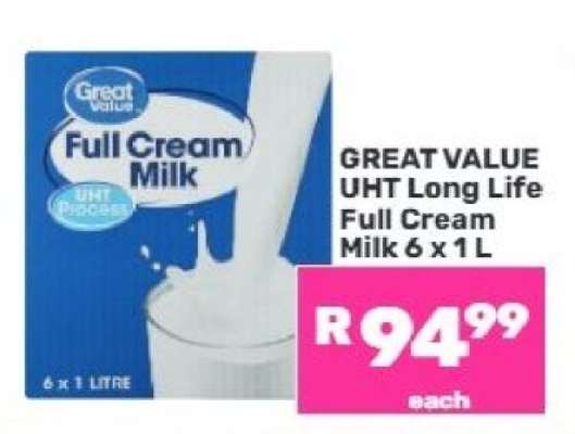 Great Value UHT Long Life Full Cream Milk 6 x 1 L