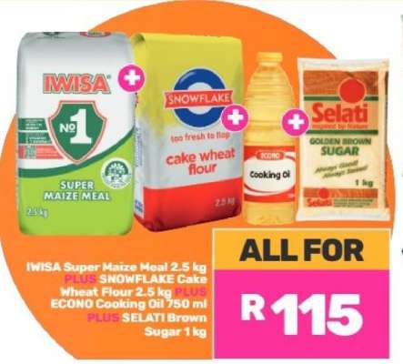 IWISA Super Maize Meal 2.5 kg + SNOWFLAKE Cake Wheat Flour 2.5 kg + ECONO Cooking Oil 750 ml + SELATI Brown Sugar 1 kg
