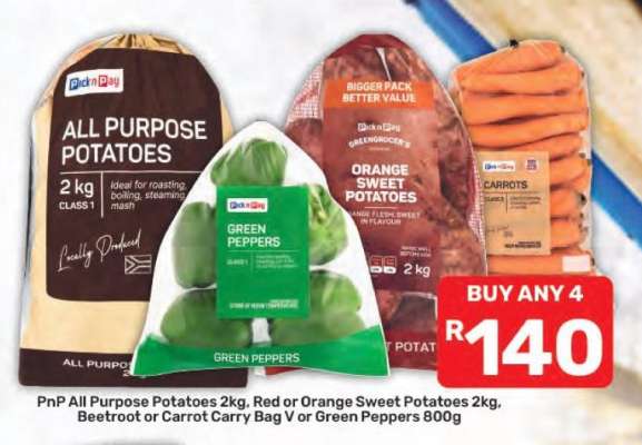 PnP All Purpose Potatoes 2kg, Red or Orange Sweet Potatoes 2kg, Beetroot or Carrot Carry Bag V or Green Peppers 800g