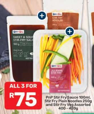 PnP Stir Fry Sauce 100ml, Stir Fry Plain Noodles 250g and Stir Fry Veg Assorted 400 - 420g