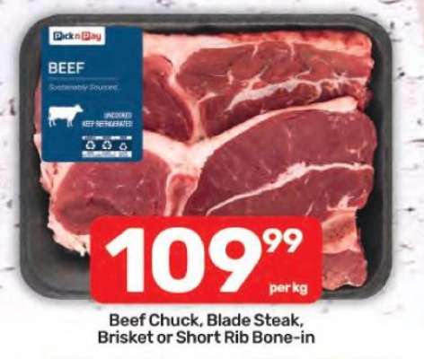 Beef Chuck, Blade steak, Brisket, or Short Rib Bone-in