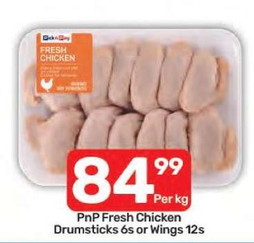 PnP Fresh Chicken Drumsticks 6s or Wings 12s