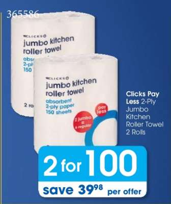 Clicks Pay Less 2-Ply Jumbo Kitchen Roller Towel 2 Rolls
