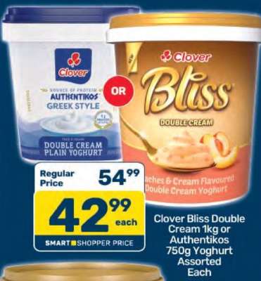 Clover Bliss Double Cream 1kg or Authentikos 750g Yoghurt Assorted Each