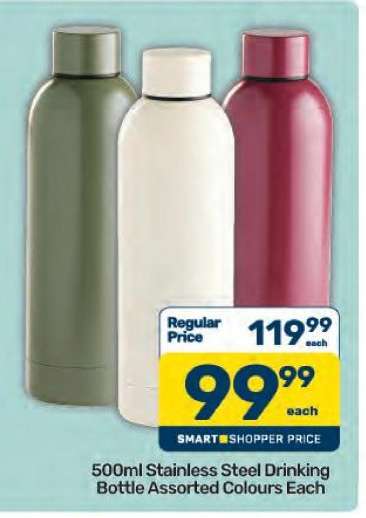 500ml Stainless Steel Drinking Bottle Assorted Colours Each