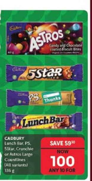 CADBURY Lunch Bar, PS, 5Star, Crunchie or Astros Large Countlines