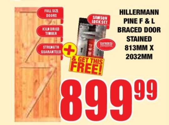 HILLERMANN PINE F&L BRACED DOOR STAINED 813MM X 2032MM
