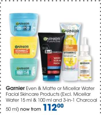 Garnier Even & Matte or Micellar Water Facial Skincare Products