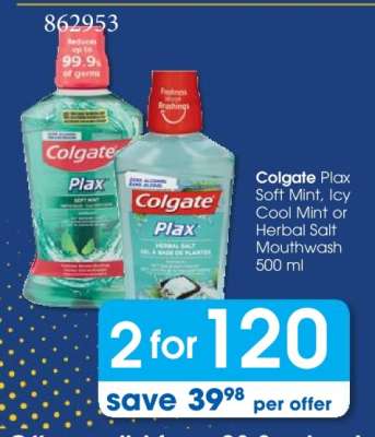 Colgate Plax Soft Mint, Icy Cool Mint or Herbal Salt Mouthwash 500 ml