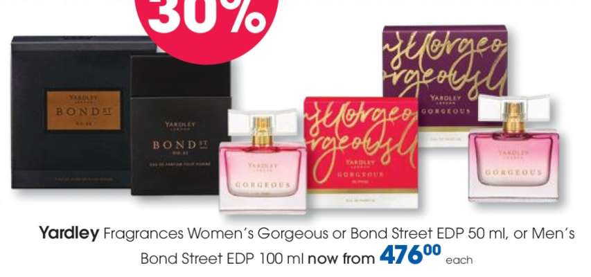Yardley Fragrances Women's Gorgeous or Bond Street EDP 50 ml, or Men's Bond Street EDP 100 ml